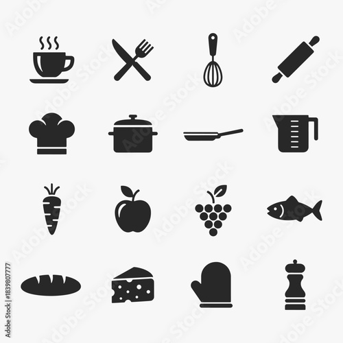 Collection of food and kitchenware icons focuses on simplicity, elegance, and ease of recognition.