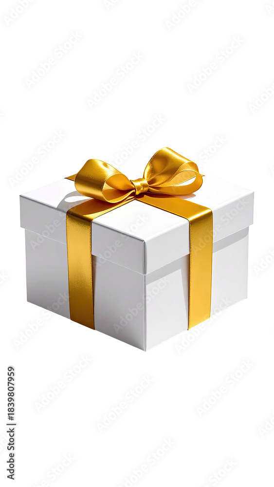 Obraz premium Wrapped white gift box, gold ribbon, bow