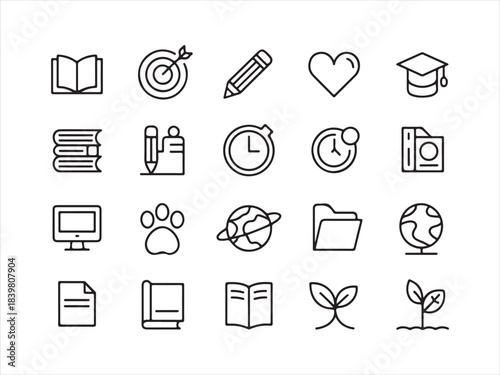 Set of school and education vector line icons: stationery, learning and science symbols, including books, pens, glasses, email, chat, calculators, and files