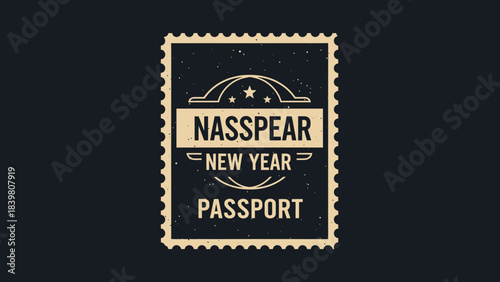 New Year Passport Symbol: A retro-inspired stamp design that says 'New Year Passport', with a vintage aesthetic, suitable for events, and travel themes.