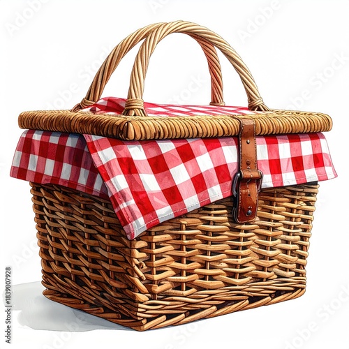 Wicker picnic basket with red and white checkered cloth