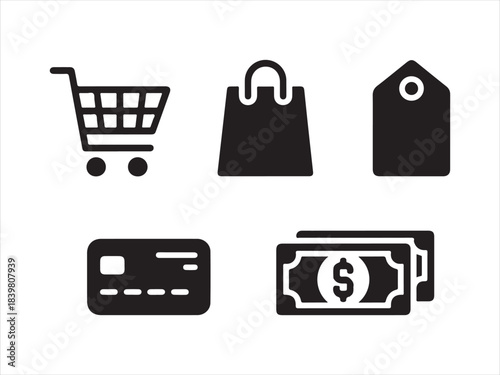 Simple Pixel shopping and money icon set, cart icon, shopping bag, price tag, payment, credit card, wallet, money icon, finance, checkout, sale icon design