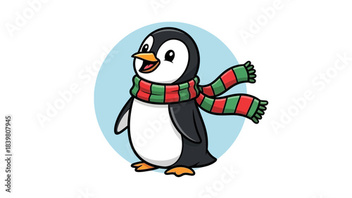 Happy Penguin in Winter Attire: A charming cartoon penguin, adorned with a festive scarf, radiates joy and warmth, embodying the spirit of winter cheer and holiday delight.