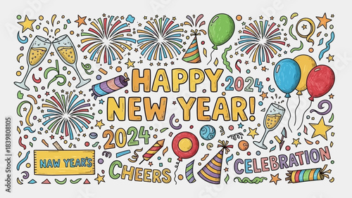 Happy New Year 2024 Celebration: A vibrant illustration for the new year, filled with fireworks, champagne glasses, confetti, and celebratory balloons.