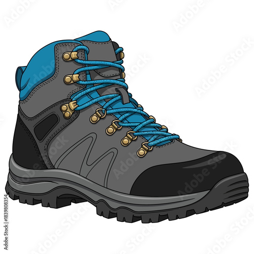 Durable gray and blue outdoor hiking boot illustration.