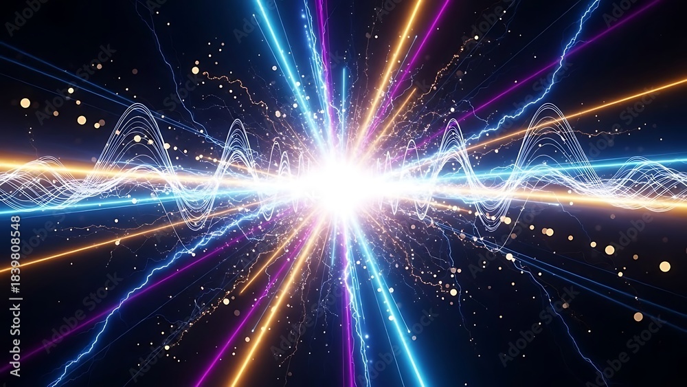 Fototapeta premium Abstract visualization of energy explosion with light beams and particles, representing power and innovation