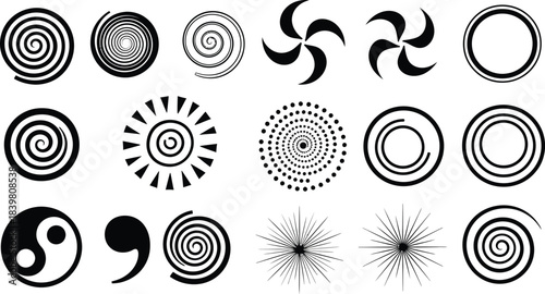 Collection of abstract black spiral and circular designs