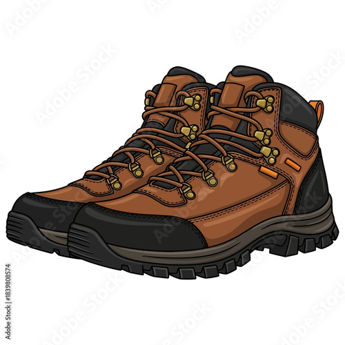 Brown leather hiking boots for mountain trekking outdoor adventure exploration equipment.