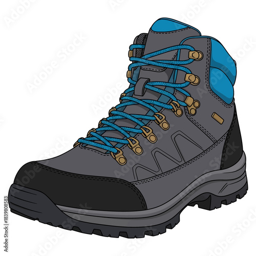 Durable gray and blue outdoor hiking boot illustration.