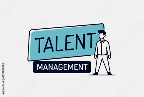 Illustration of a person standing next to a 'Talent Management' sign, representing human resources and professional development.