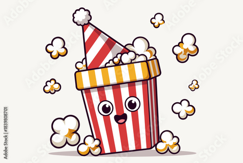 Cute cartoon popcorn bucket wearing a party hat, surrounded by fluffy popped kernels, celebrating a fun event.