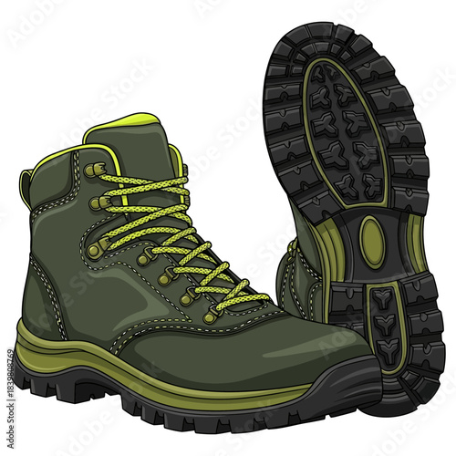 Green hiking boots with aggressive tread for outdoor adventures