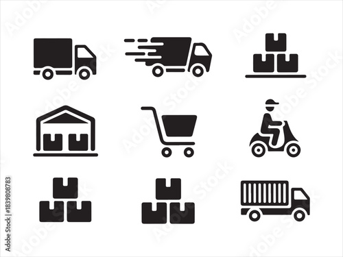 Concrete Logistics Icons. Solid, filled icons set, Food delivery icons set featuring scooter driver, gps, timer, mobile order, and takeout box vector
