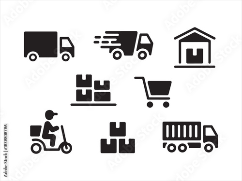 Concrete Logistics Icons. Solid, filled icons set, Food delivery icons set featuring scooter driver, gps, timer, mobile order, and takeout box vector
