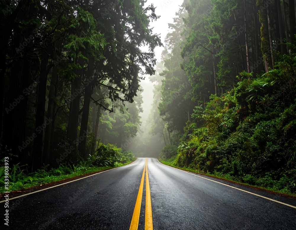 Fototapeta premium Asphalt road through tall, green trees, leading into a misty distance