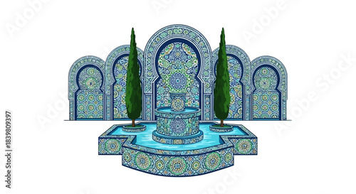 Ornate Moroccan fountain with intricate tile work and arches
