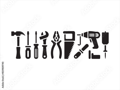 Collection of black silhouette icons representing various construction and repair tools hammer