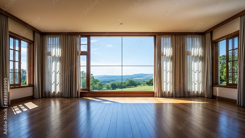 Fototapeta premium Empty square room with Wooden floors and walls Curtains and large windows wide open room There is a large glass window