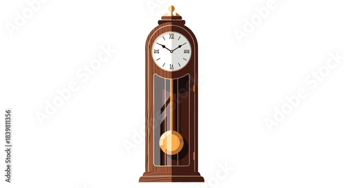 A traditional grandfather clock with a rich brown wooden case and white clock face against a plain white background.