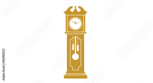 A gold grandfather clock standing alone against a white background, showcasing its traditional engineering design and industry-style details.