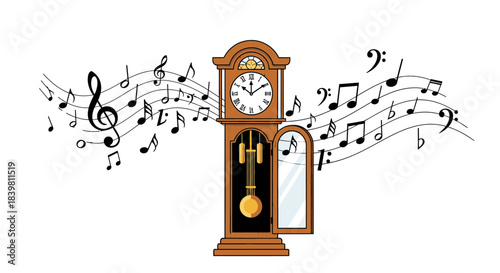 Melodious Grandfather Clock With Flowing Musical Notes, Evoking Harmony and Timekeeping Elegance