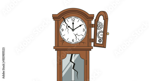 Vintage grandfather clock with cracked glass face and open door revealing internal gears, illustration