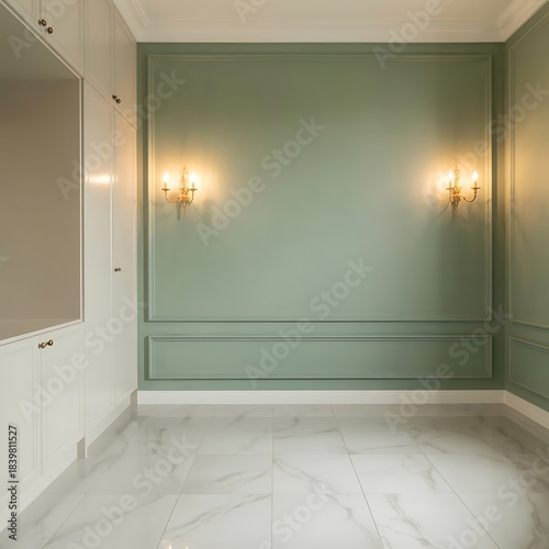Luxurious room featuring tall cream fitted wardrobes beside a central sage green paneled wall with ornate sconces