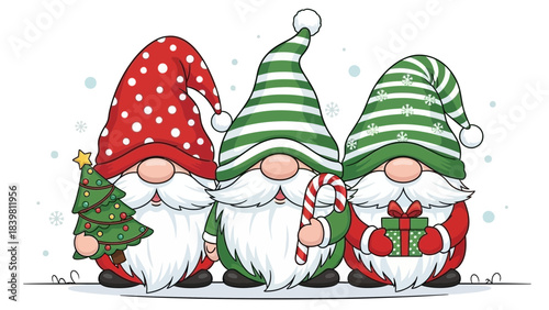 Holiday Gnomes Gathering: A heartwarming ensemble of three charming gnomes, each adorned in festive attire, spreading the spirit of the season with gifts and cheer.