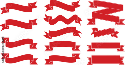 Collection of diverse red ribbons and banners in various shapes and styles for design elements.