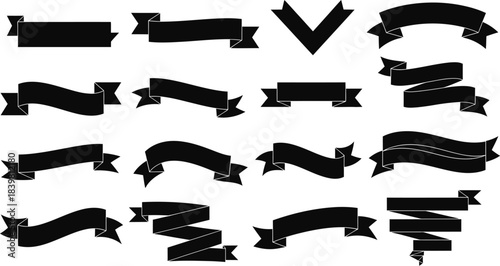 Collection of Black Ribbon Banners and Scrolls, Vector Graphic Design Elements Set