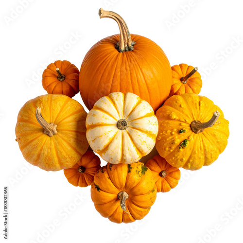 Autumn's Bounty: A vibrant arrangement of various pumpkins showcases the season's rich harvest, with varied shapes, sizes, and colors that celebrate the essence of autumn.