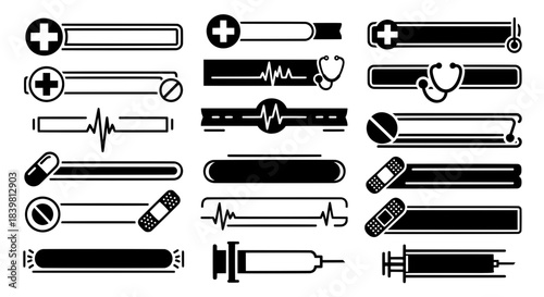 Collection of blank medical text banners, healthcare icons, stethoscopes and heartbeat lines for hospital interface or infographic layout design.