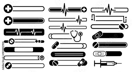 Set of black silhouette medical text banners, health loading bars and heartbeat lines with doctor icons for healthcare infographic or video design.