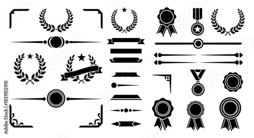 Collection of decorative text dividers, laurel wreaths, winner medals and corner borders for certificate layout and diploma ornamentation.