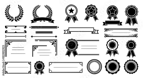 Set of black silhouette certificate frames, decorative text dividers, laurel wreaths and winner medals for diploma or achievement design.
