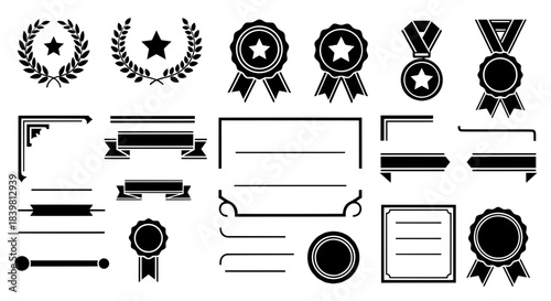 Collection of black silhouette award badges, laurel wreaths, certificate frames, and vintage ribbons for achievement recognition and diploma design.