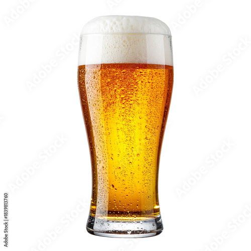 Golden Brew: A close-up shot of a clear glass of beer, its golden liquid crowned with a frothy white head, offering a visual ode to refreshment and social gathering.