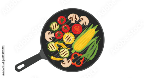 Fresh vegetables like zucchini, corn, tomatoes, and mushrooms are arranged on a black grill pan, ready for healthy cooking.