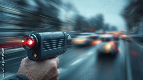A blurred image showing a hand holding a speed radar gun, capturing speeding cars in motion on a busy road.