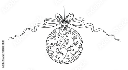 Elegant black and white line art drawing of a Christmas bauble with a detailed holly and berry pattern, suspended by a decorative ribbon bow.