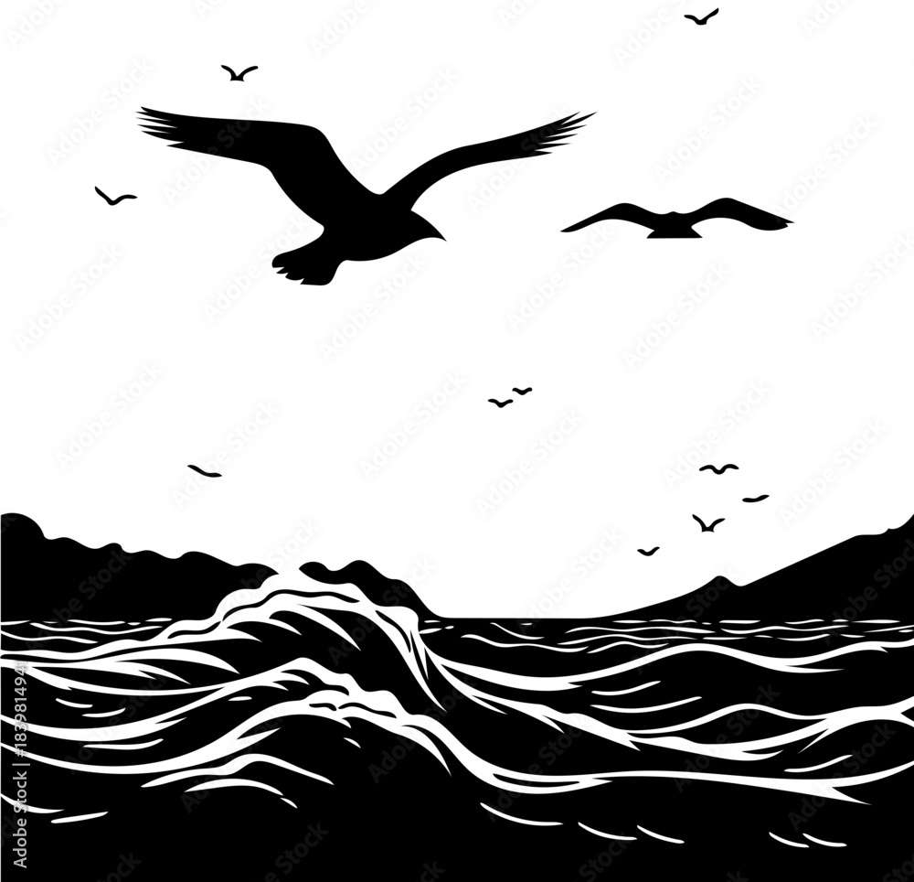 Obraz premium Seagulls soaring over a rough sea with waves crashing against a distant shore