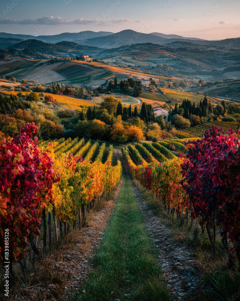 Fototapeta premium Autumn vineyard in Italy with vibrant burgundy, olive, and golden hues