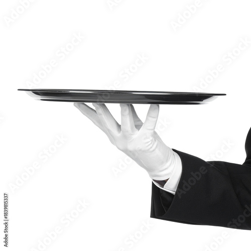 Elegance in Service: A gloved hand poised with a serving tray, portraying professional hospitality and attentive service.