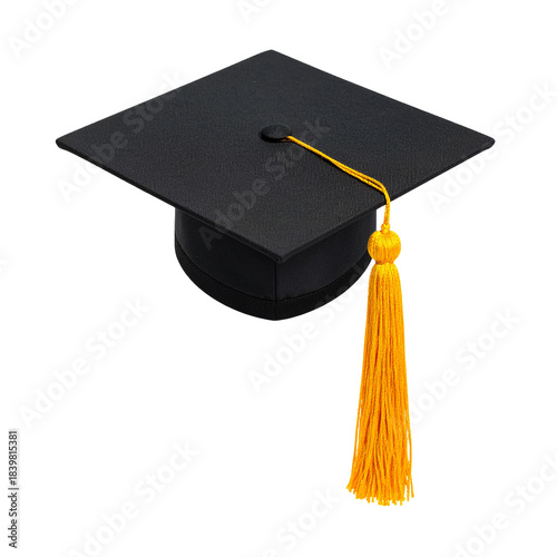 Graduation Cap: A classic black graduation cap, its square top and attached tassel symbolizing academic achievement, is presented.