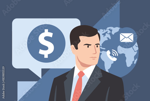 A businessman contemplating finance and global communication strategies.