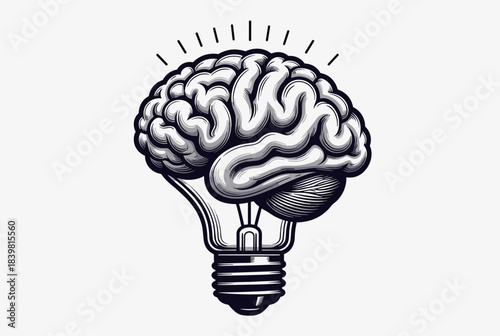 A detailed black and white illustration of a human brain inside a lightbulb, symbolizing an idea, innovation, or intellectual thought.