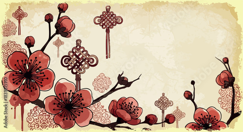Chinese plum blossoms and knots decorative border