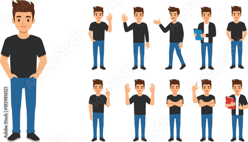 Cartoon male character in black t-shirt with multiple expressive poses and gestures for animation, design, and educational vector content.