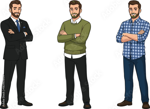 Male character in three outfits showing formal, casual, and informal styles with crossed arms and confident smile for lifestyle concepts.