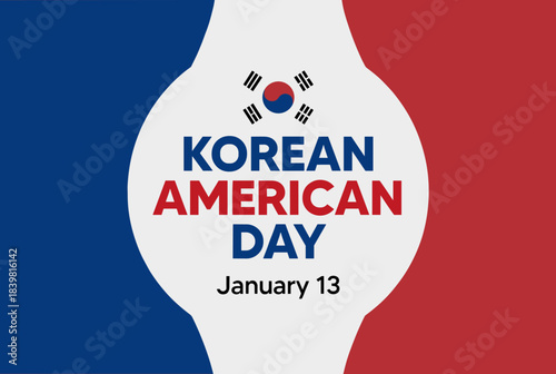 Graphic illustration celebrating Korean American Day on January 13 with flag colors and a central emblem.